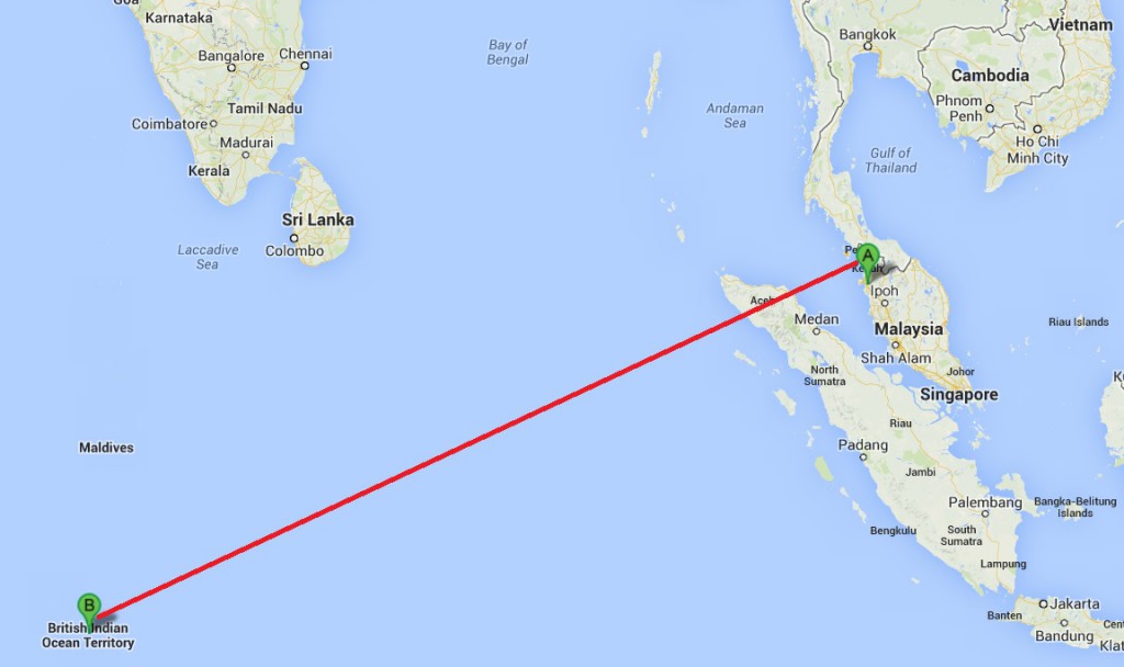 A possible flight path of Flight 370, from where it was last observed on radar in Penang, to Diego Garcia. 